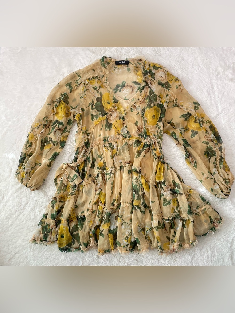 Anthropologie O.P.T. Beige & Yellow Floral Tiered Mini Dress, Size Small